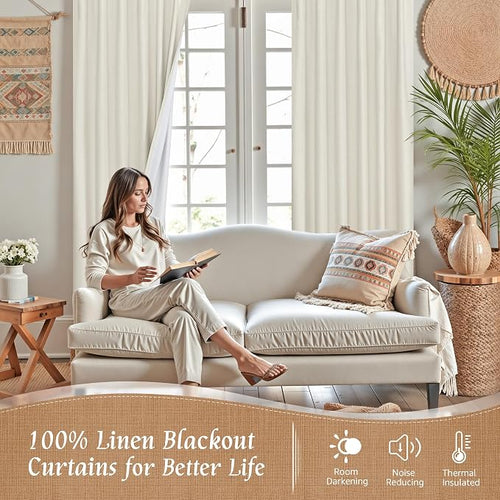 100% Blackout Natural Polyester Curtains, 63 Inches Linen Textured Thermal - Image 2