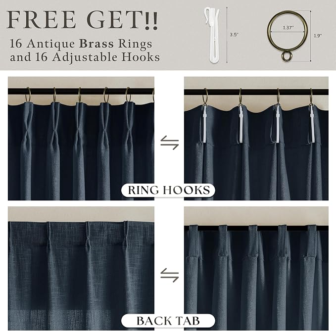 Pinch Pleat Linen Dark Blue Linen Light Filtering Curtains 72 Inch 2 Panels | - Image 5