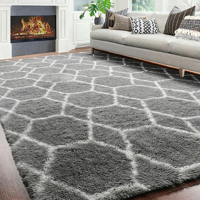 8x10 Area Rugs for Living Room, Fluffy Grey and White Bedroom Geometric Rug | - Image 5