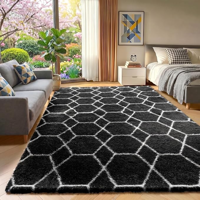 Area Rugs for Living Room, 5x8 Fluffy Black and White Bedroom Geometric Rug | - Image 5