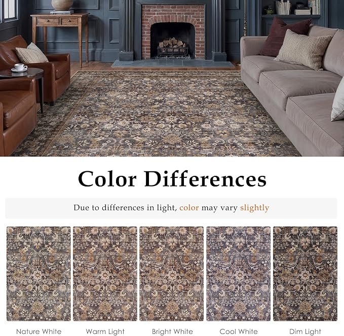 4x6 Brown Blue Vintage Floral Washable Area Rug - Image 9