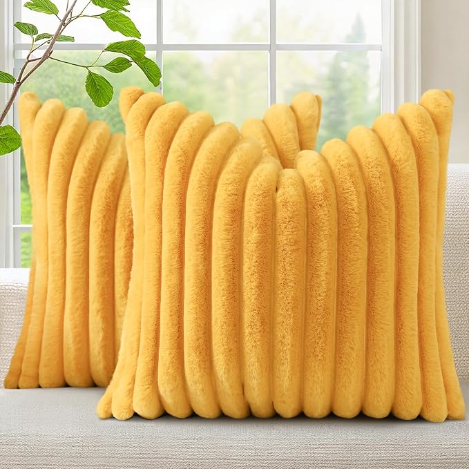 decorUhome Fall Faux Fur Throw Pillow Covers 24x24 Set of 2 Mustard Yellow | by decorUhome
