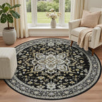 Round Area Rug for Living Room: 4ft Boho Washable Rug Black Gold | Vintage Boho - Image 2