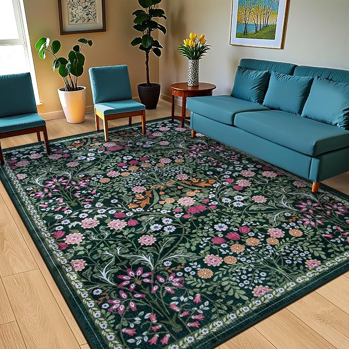 PLHXFR Area Rug 9x12 Living Room: Floral Washable Boho Carpet Dark Green | - Image 2