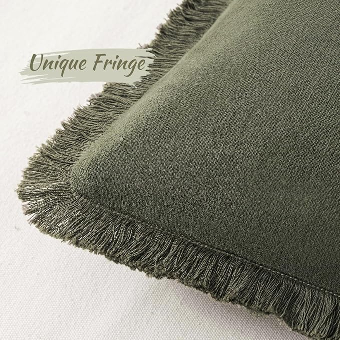 MIULEE Boho Linen Fringe Decorative Throw Pillow Covers Olive Green 18x18 | Set - Image 2