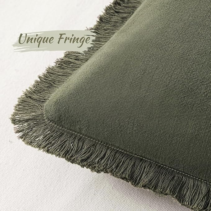 MIULEE Linen Fringe Decorative Euro Throw Pillow Covers Olive Green 28x28 | Set - Image 2
