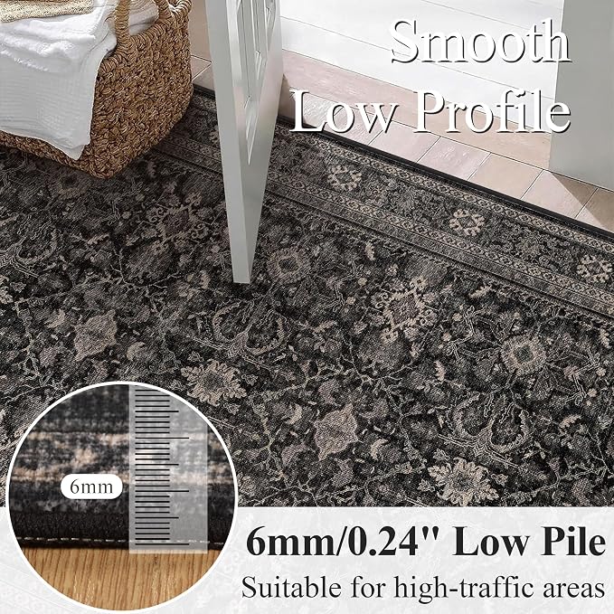 Schweek 2.6x8 Runner Rugs Non Slip Vintage Floral Washable Runner Black | - Image 4