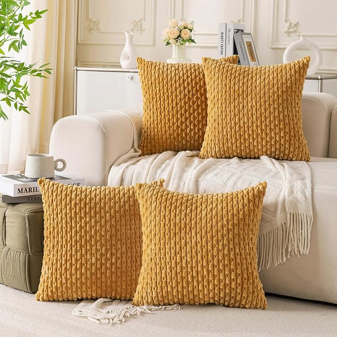 Set of 4 Mustard Yellow Decorative Throw Pillow Covers 20x20 Inch Corduroy by Cozoomy