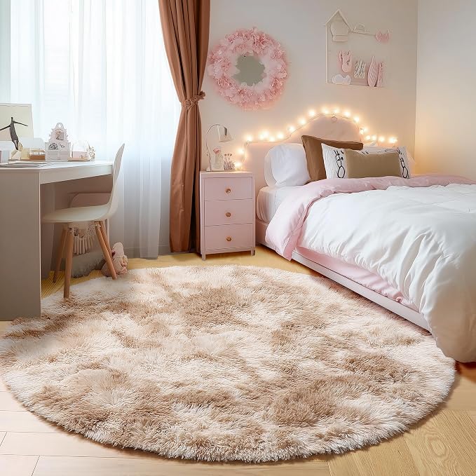 Round Rugs 6ft for Living Room Bedroom, Tie-Dye Beige Fluffy Circle Area Rug - Image 5