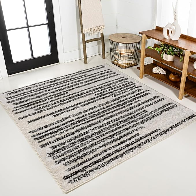 JONATHAN Y Khalil Modern Berber Stripe Cream/Black 6x6 Square Indoor Area Rug by JONATHANY