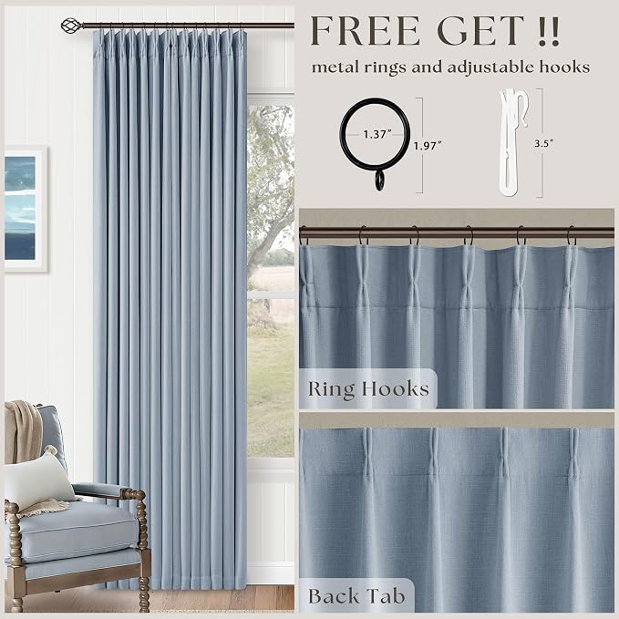 Light Blue Linen Memory Trained Black Out Pleated 105 Inch Curtains 2 Panel | - Image 6