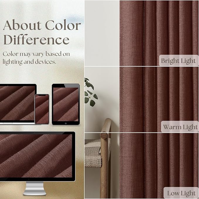 Country Brown Red Linen Pinch Pleated Semi Sheer Curtains 102 Inches Long | - Image 4