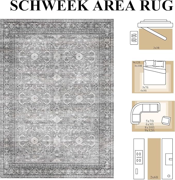 Schweek 2x3 Entryway Rug Non-Slip Washable Vintage Area Rugs Grey Door Mat | - Image 2