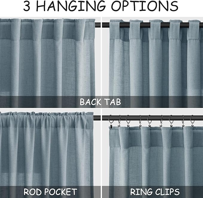 Light Blue Linen Curtains Semi Sheer 96 Inches Long 2 Panels Set - Image 2