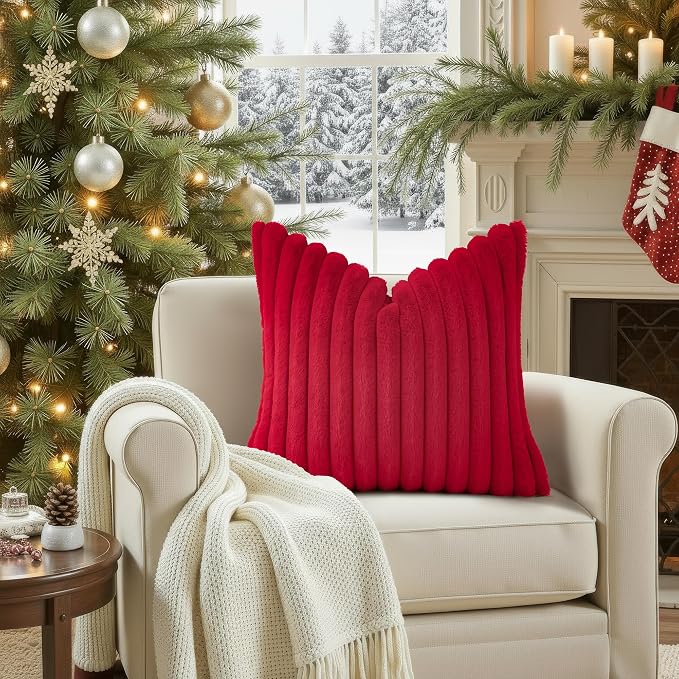 decorUhome Fall Faux Fur Throw Pillow Covers 16x16 Set of 2 Red | Decorative - Image 4