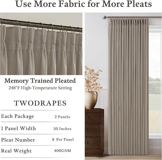 Taupe Brown Pinch Pleated Semi Sheer Linen Blend Drapes 112 Inches Long 50W | - Image 5