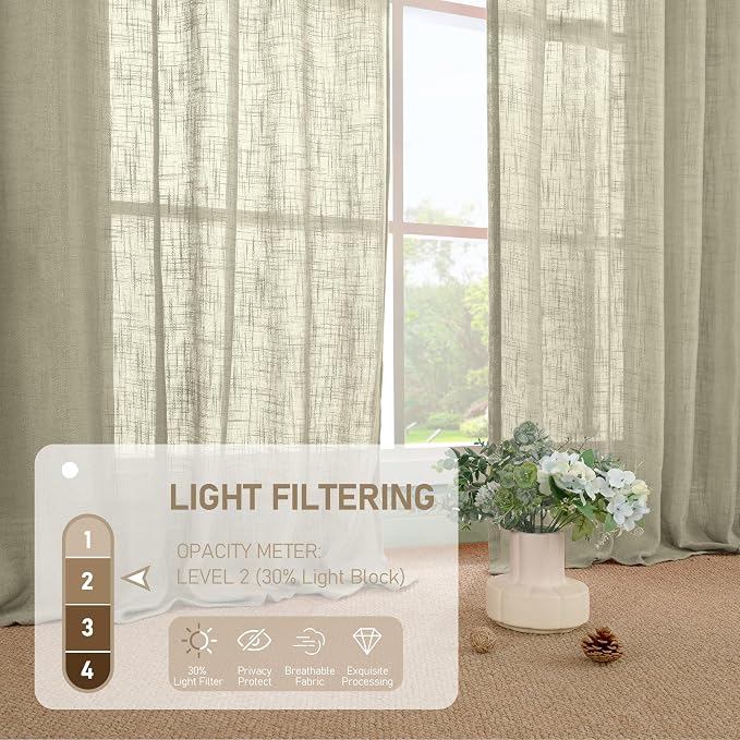 Sheer Linen Curtains 96 inches Long 2 Panels Set - Image 4