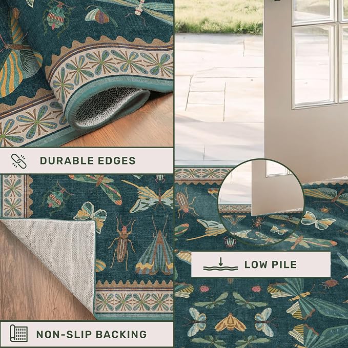Washable Teal Round Rug 6ft, Non Slip Boho Carpet - Image 4