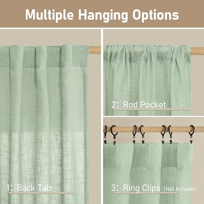 Sheer Linen Curtains for Living Room Bedroom 102 Inch Length | Light Filtering - Image 2