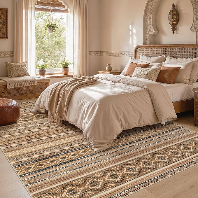 cotiled 10x12 Area Rugs Washable Boho Living Room Rug Brown/Beige | Stain - Image 6