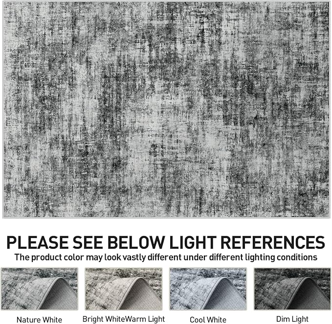 5x7 Area Rugs for Living Room: Washable Abstract Black Badroom Carpet | - Image 7