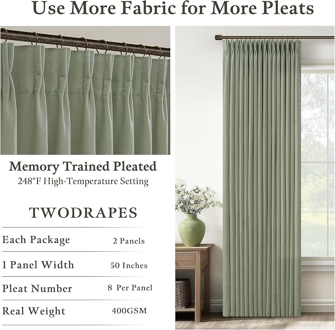 Sage Green Pinch Pleat Light Filtering Linen Curtains 50Wx84L | Pleated Flax - Image 4