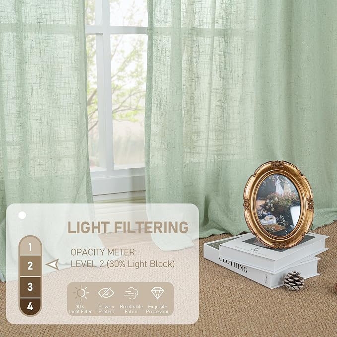 Fresh Green Linen Curtains 54 Inch Length 2 Panels, Light Filtering Semi Sheer - Image 5