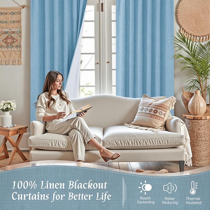 100% Blackout Blue Linen Curtains 63 Inches 2 Panels, 52 x 63 Inch | Room - Image 2