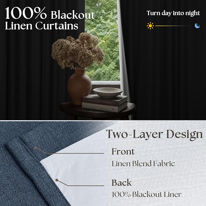 100% Black Out Pinch Pleated Linen Boho Curtains Navy Blue 80 Inch Length | - Image 5