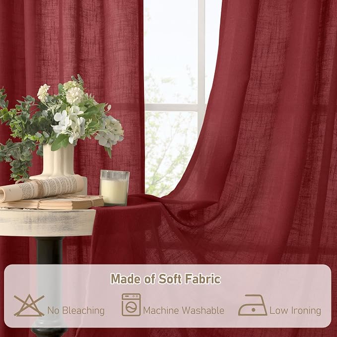 Burgundy Red Sheer Linen Curtains 63 Inch Length, Linen Textured Light - Image 9