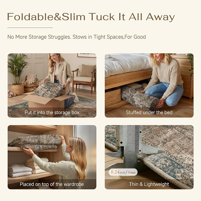 2x6 Blue Brown Retro Floral Washable Runner Rug - Image 6