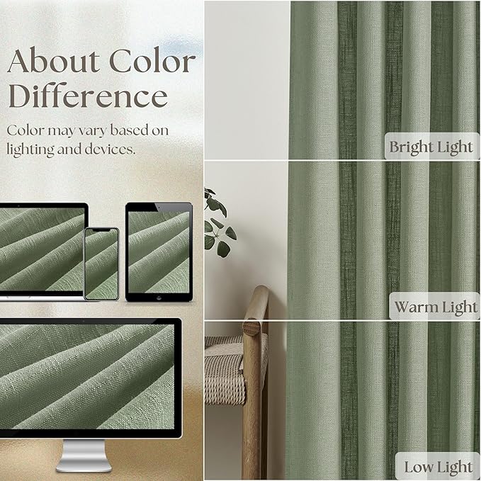 Sage Green Pinch Pleat Linen Semi Sheer Curtains 90 Inches Long 2 Panels | - Image 4