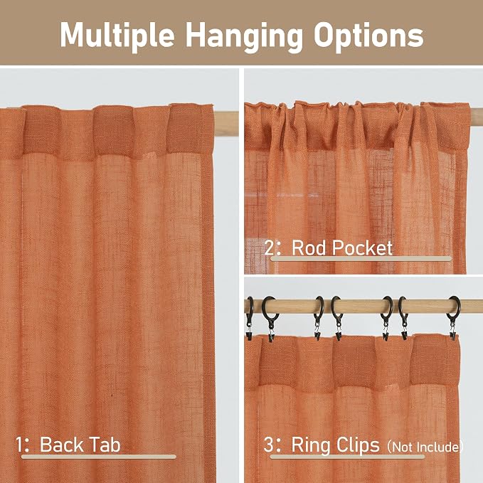 Burnt Orange Sheer Linen Curtains, Light Filtering Drapes 2 Panels | 80 inch - Image 3