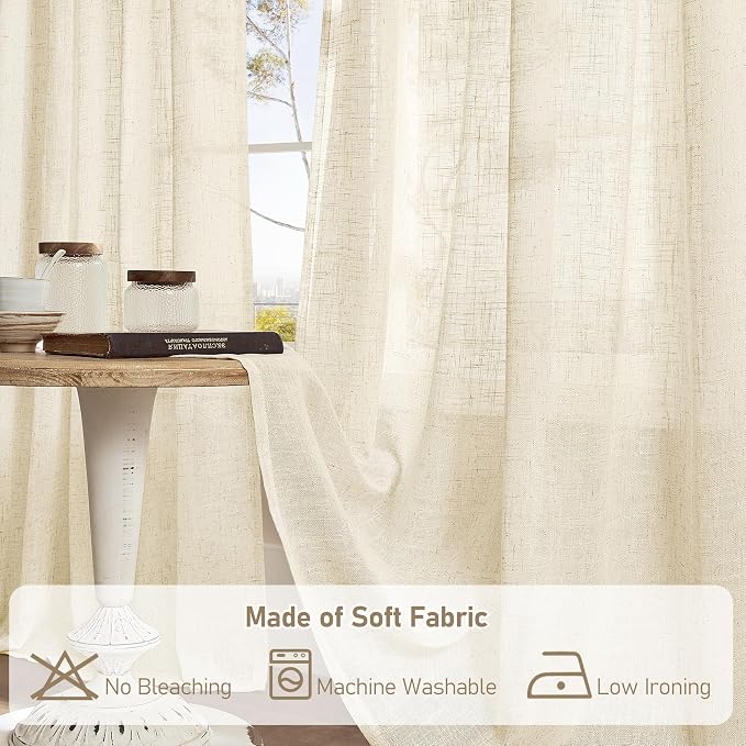 Semi Sheer Linen Curtains 54 Inch Length 2 Panels, 52 x 54 Inch | Beige - Image 8