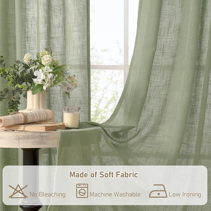 Sage Green Semi Sheer Linen Curtains 60 Inch, Light Filtering Panels | Window - Image 8