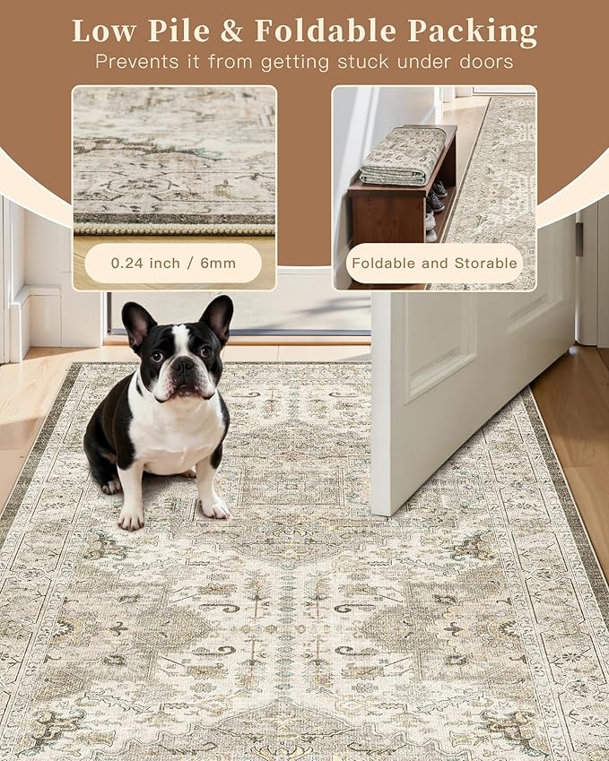 Madane Hallway Runner Rug 2x8 Washable Kitchen Rugs Non-Slip, Ivory/Brown | - Image 7