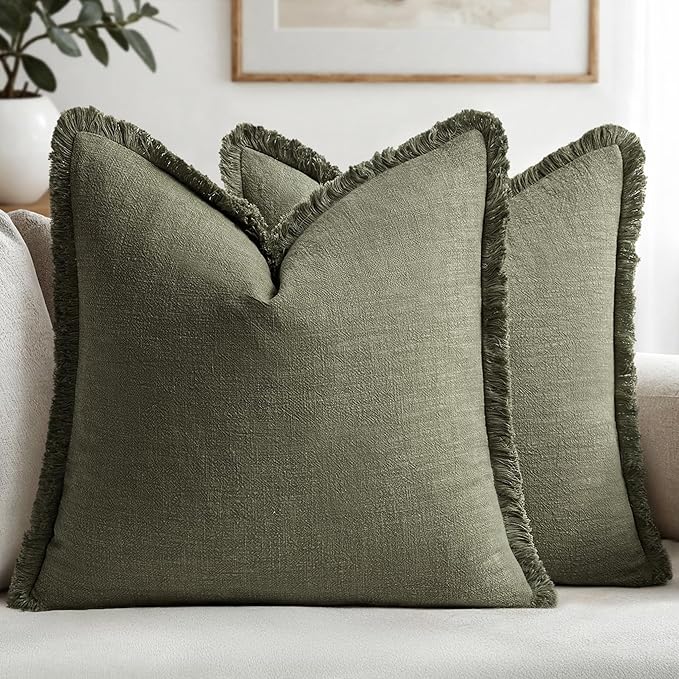 MIULEE Boho Linen Fringe Decorative Throw Pillow Covers Olive Green 18x18 | Set by MIULEE