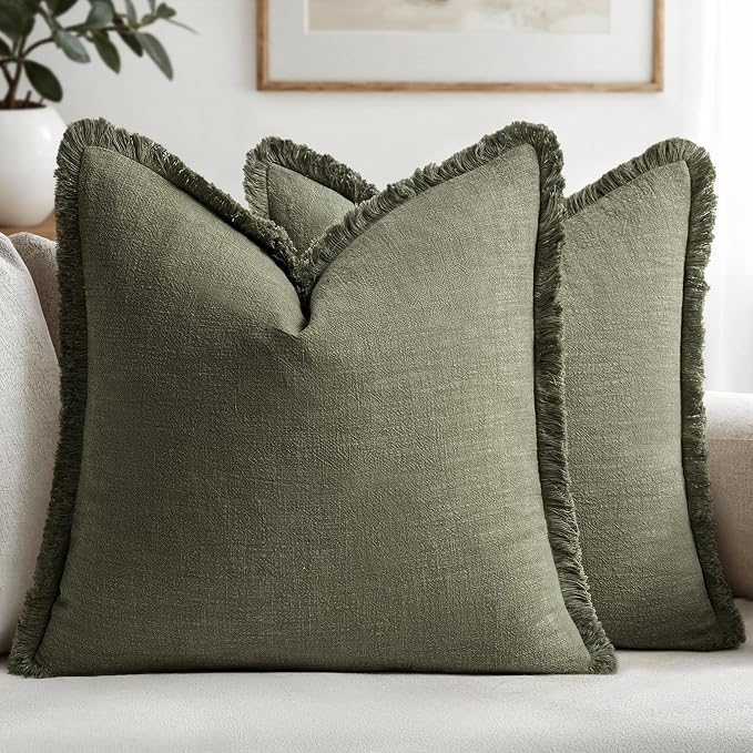 MIULEE Linen Fringe Decorative Euro Throw Pillow Covers Olive Green 26x26 | Set by MIULEE