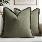 MIULEE Linen Fringe Decorative Euro Throw Pillow Covers Olive Green 26x26 | Set by MIULEE