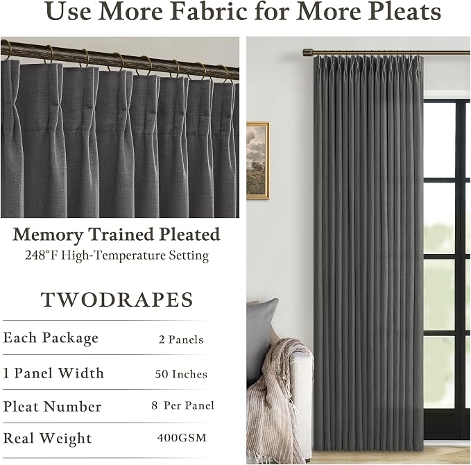 102 Inches Pinch Pleated Light Filtering Linen Charcoal Grey Curtains 50W | - Image 4