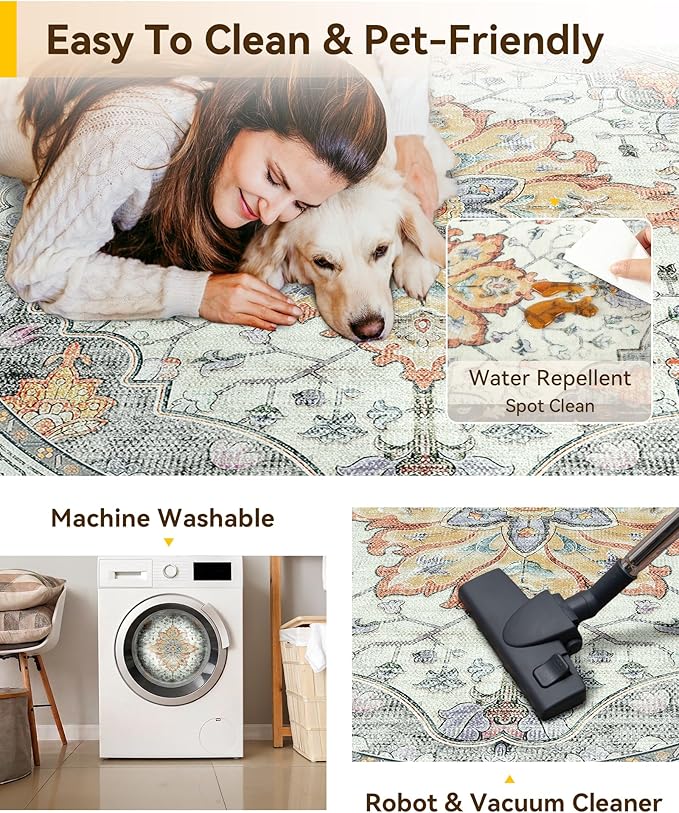 RELEANY Washable Area Rug, Round 6ft, Water Repellent, Pet Friendly, Vintage - Image 5