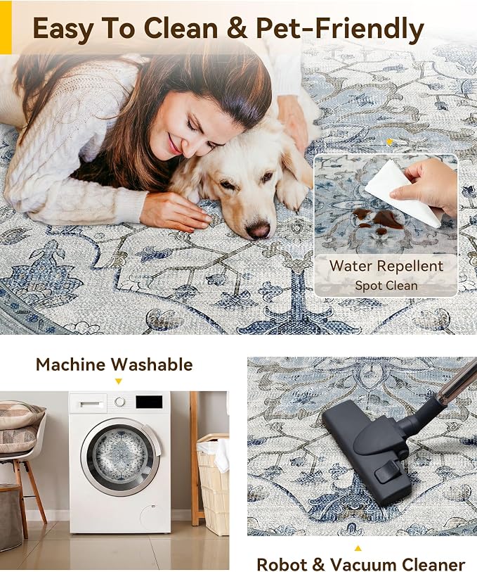 RELEANY Washable Area Rug, Round 4ft, Water Repellent, Pet Friendly, Vintage - Image 4