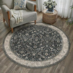 4ft Round Black Beige Vintage Floral Washable Rug by HUGEAR
