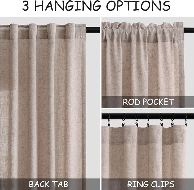 Oatmeal Linen Curtains 63 Inches Length 2 Panels Set - Image 3