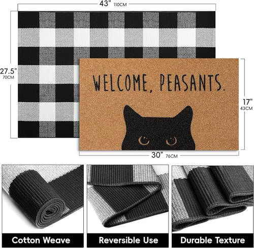 2 Pcs Welcome Peasants Black Cat Door Mat Set, Layered Artificial Coir Doormat - Image 2