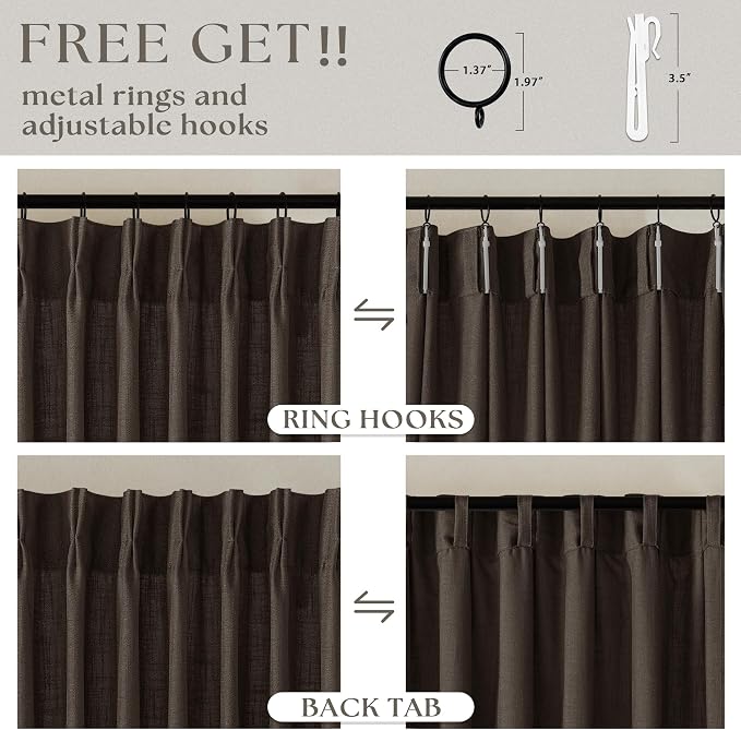 Dark Chocolate 84 Inch Pinch Pleated Semi Sheer Linen Curtains 2 Panels | - Image 5