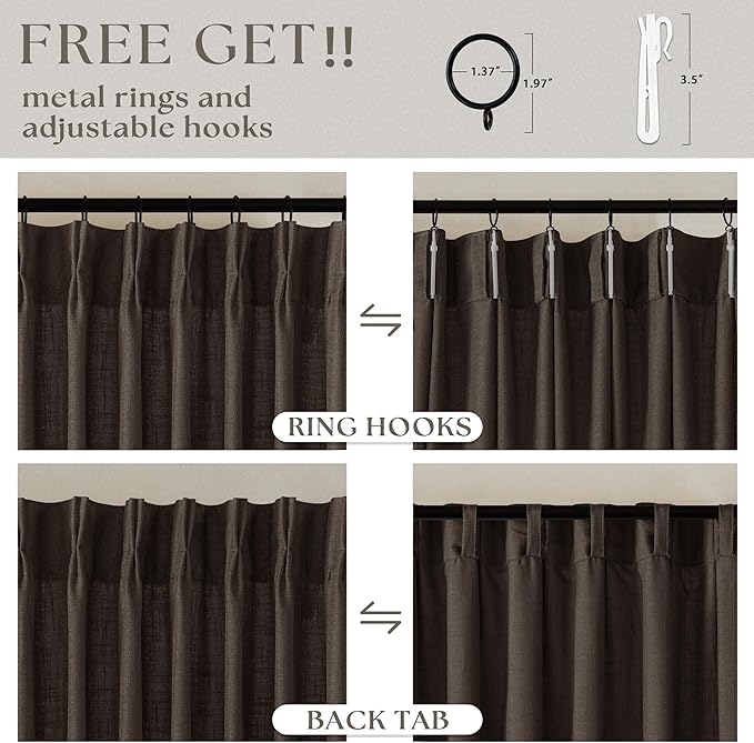 Dark Chocolate 96 Inch Pinch Pleated Semi Sheer Linen Curtains 2 Panels | - Image 5