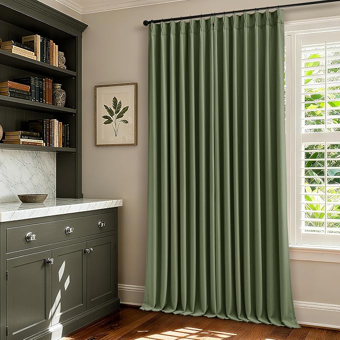 96 Inch Olive Green Linen Pinch Pleated Blackout Curtains - Image 9