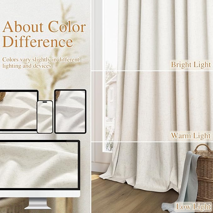 100% Blackout Linen Curtains for Bedroom 90 Inches Long Natural Cream Black Out - Image 7