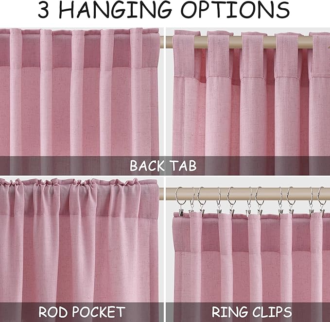 Rose Linen Curtains 108 Inches Long 2 Panels Set - Image 2